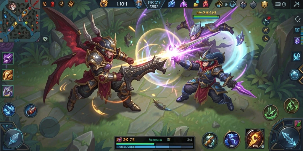 Screenshot gameplay menampilkan pertarungan seru di arena MOBA.