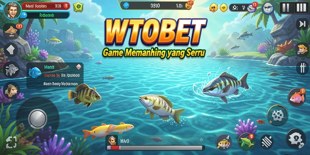 Tampilan gameplay seru di WTOBET dengan berbagai jenis ikan yang dapat ditangkap.